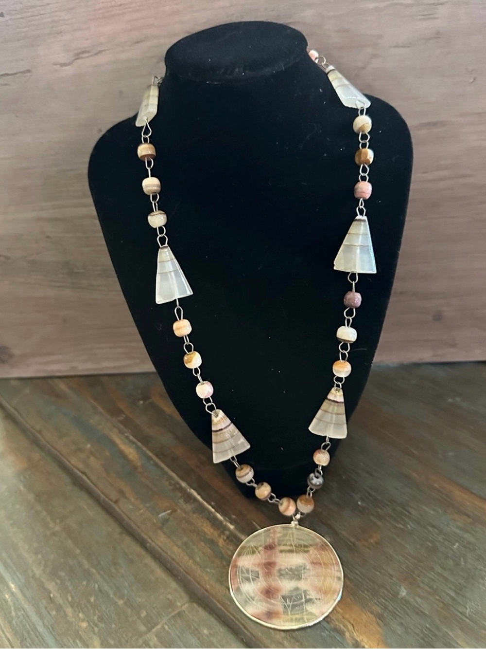 Natural Shell Disc Pendant Necklace in Brown and Cream